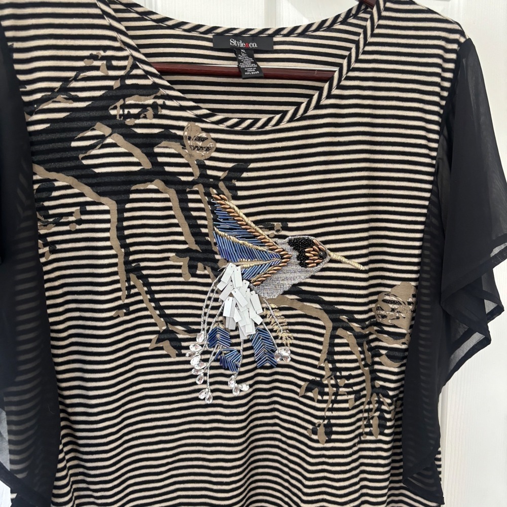 Style & Co Women XL Black Tan Stripe Hummingbird Beaded Flutter Sleeve Top Boho